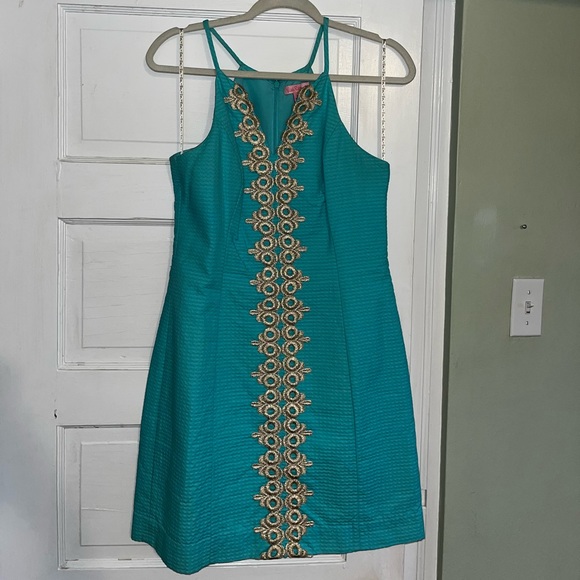Lilly Pulitzer Teal Blue Shift Dress with Gold Detail - Picture 2 of 4